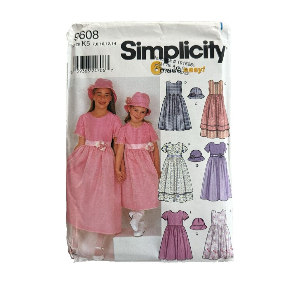 Simplicity 9608 EASY Sewing Pattern Girls Dresses and Hats 6 Styles Sz 7-14 UC
